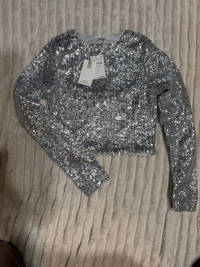 Good American Metallic Silver Sequin Cardigan
